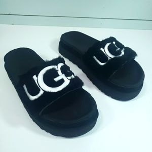 UGG Laton Fur Suede Slide Sandal Black Comfy slippers Women's 9